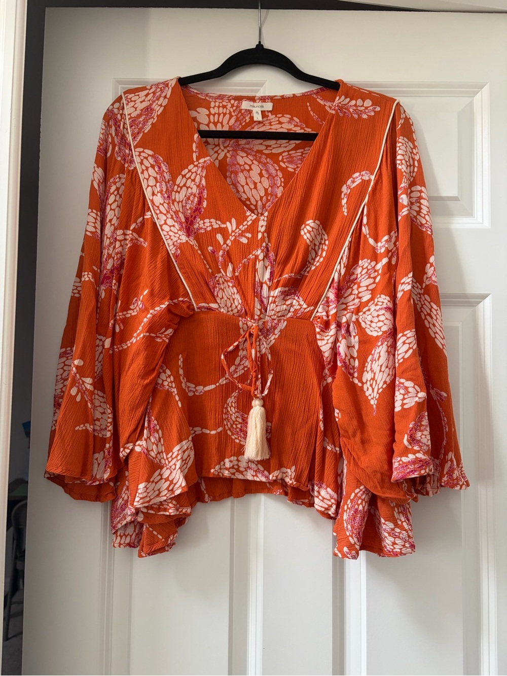 Maurices Orange Printed V-Neck Tie-Front Top